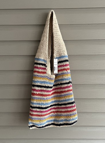 NWT cream and rainbow stripe large boho festival crochet tote shoulder bag - Picture 12 of 16