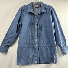 Premier International Denim Tunic Button Shirt Womens Small Cotton Top Pintuck