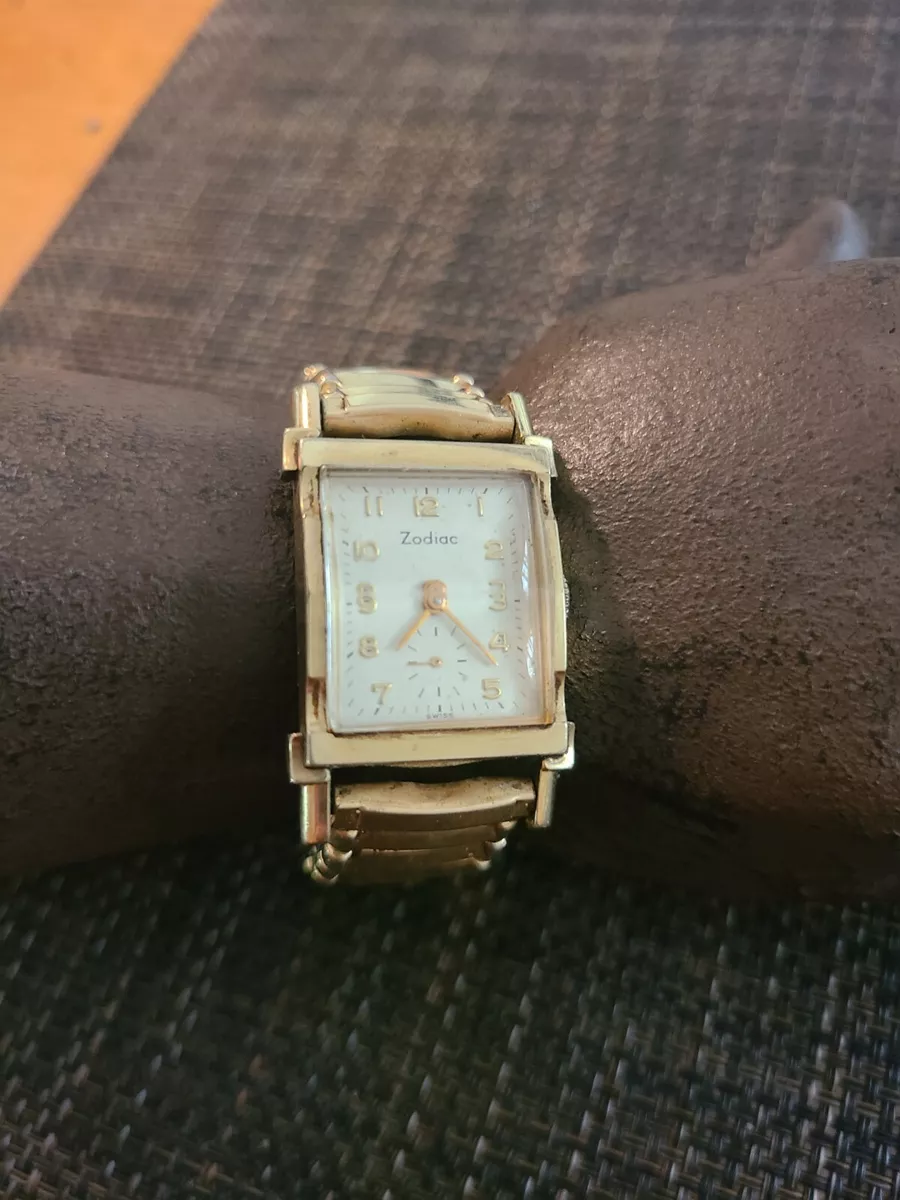 VTG RARE ZODIAC MENS WATCH 17 JEWEL BEVELED GLASS RECTANGLE FACE WORKING 10KRGP