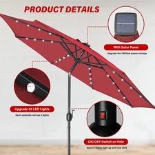 9' Solar Market Umbrella 32 LED Lighted for Garden Backyard Pool Red