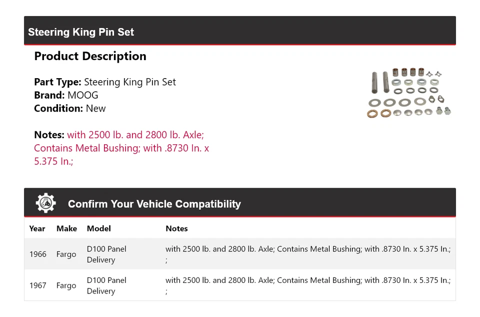 Juego de pasadores de dirección de entrega de panel para Fargo D100 1966-1967 MOOG Foto 2 de 4