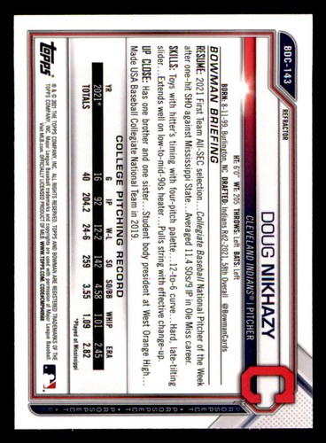 2021 Bowman Chrome Draft Refractors #BDC143 Doug Nikhazy - Picture 2 of 2