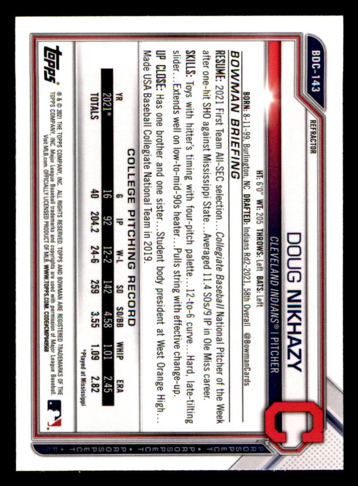 2021 Bowman Chrome Draft Refractors #BDC143 Doug Nikhazy - Image 2 of 2