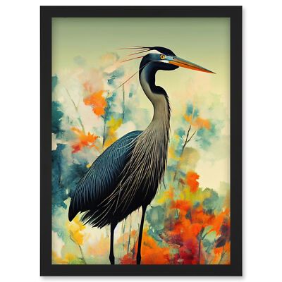 Reiher Vogel Blumenfeld türkis orange marine gerahmtes Wandbild Bild Druck A4