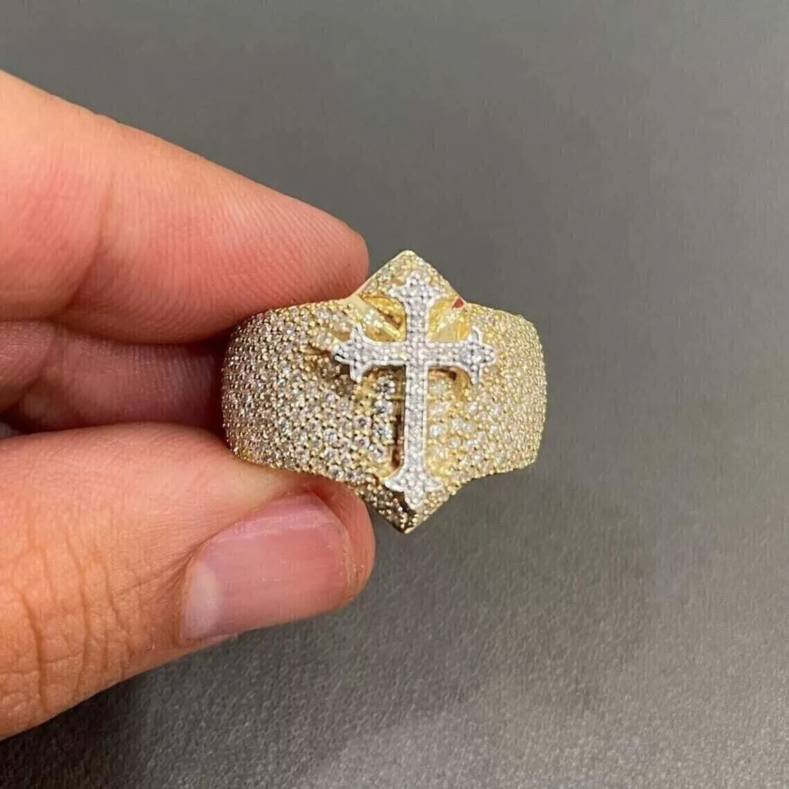 3 Ct Round Simulated Diamond Mens Cross Pinky Ring 14K Yellow Gold Plated Silver