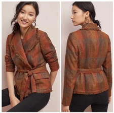 ANTHROPOLOGIE Cartonnier Sophie Wrap Blazer Jacket Tweed Fringe NWT 14 Belt Tie