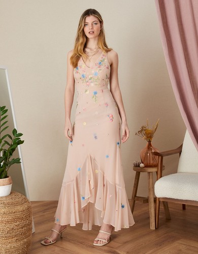 Monsoon Abigail Embroidered Frill Maxi Dress Nude UK 8 New RRP £170 BNWT - Picture 5 of 24