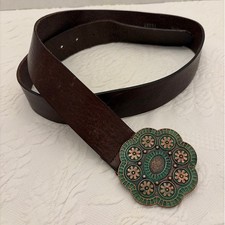 Vintage Tooled Floral Leather Belt Turquoise Patina Buckle M/M Boho Western