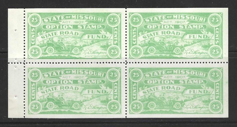 Booklet Pane (4) MISSOURI MO US State of Revenue Stamps ST8a CAT VALUE $35 MNH