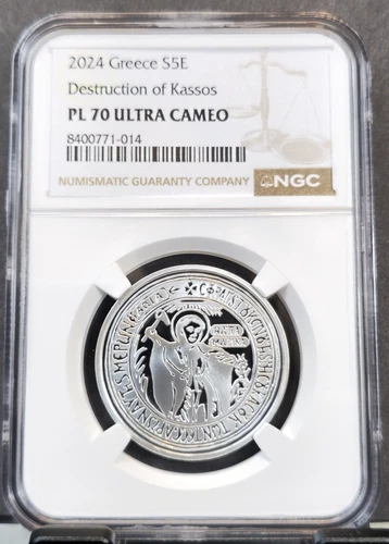 2024 GREECE SILVER 5 EURO DESTRUCTION OF KASSOS NGC PL 70 ULTRA CAMEO PERFECT