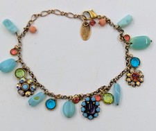 LIZ PALACIOS Brass Tone, Blue Green & Pink Swarovski Crystal Bracelet 7.5''