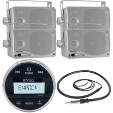 4x Silver 3.5" Box Marine Speakers, Enrock Round Bluetooth USB Radio, Antenna