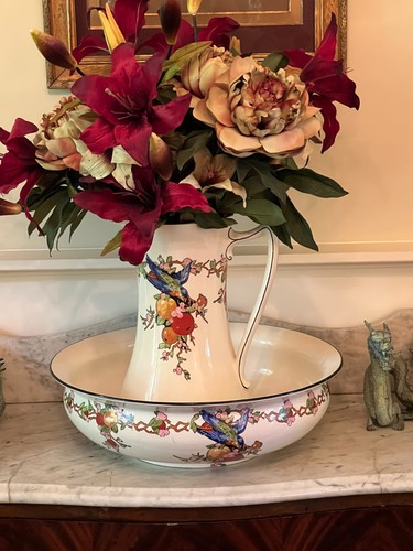 Crown Ducal English Victorian Washbasin/Pitcher Set with Bluebirds and Flowers