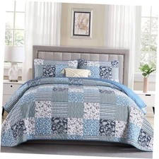 Quilt Set Size, 3 Pieces Plaid Floral Bedspread Set Patchwork King Navy Blue