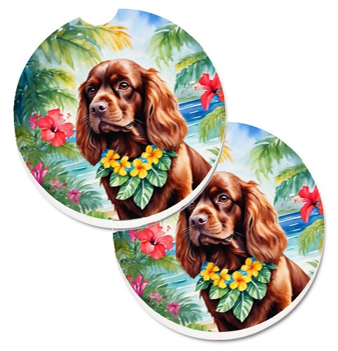 Sussex Spaniel Luau Set of 2 Cup Holder Car Coasters DAC6526CARC - Picture 1 of 2