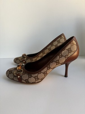 Gucci GG Canvas Bamboo Horsebit Heels Women s Size 8.5B   Made in Italy