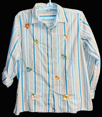 Women s VTG Striped Sm shirt flower embroidery button up Country Boho Bloom