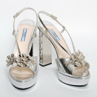 PRADA High Heels Sandals Silver Leather Party Cocktail Pumps Shoes EU 40 US 