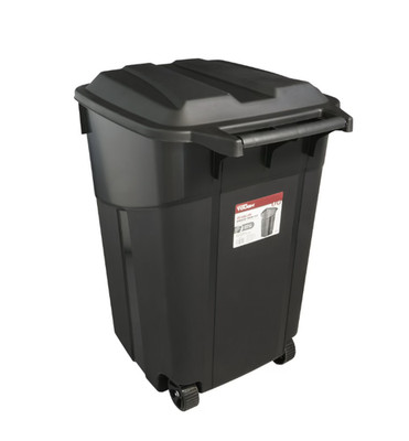 45 Gallon Wheeled Heavy Duty Plastic Garbage Can, Attached Secure Lid, Black