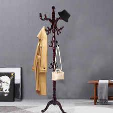 Coat Racks Freestanding with 14 Hooks, Natural Wood Coat Rack with Solid round B