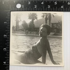 Woman Swimsuit 1950s Snapshot Photograph Pool Palm Trees Resort Vintage 4x4