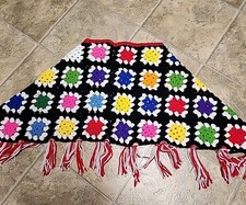 Vtg Crocheted Granny Square Style Poncho Cape Fringed Black Multi Mod Cottage