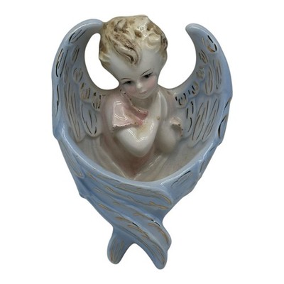 Vintage Italian Pottery Holy Water Font Blue Cherub Gold Gilt 1972 Wall Hanging