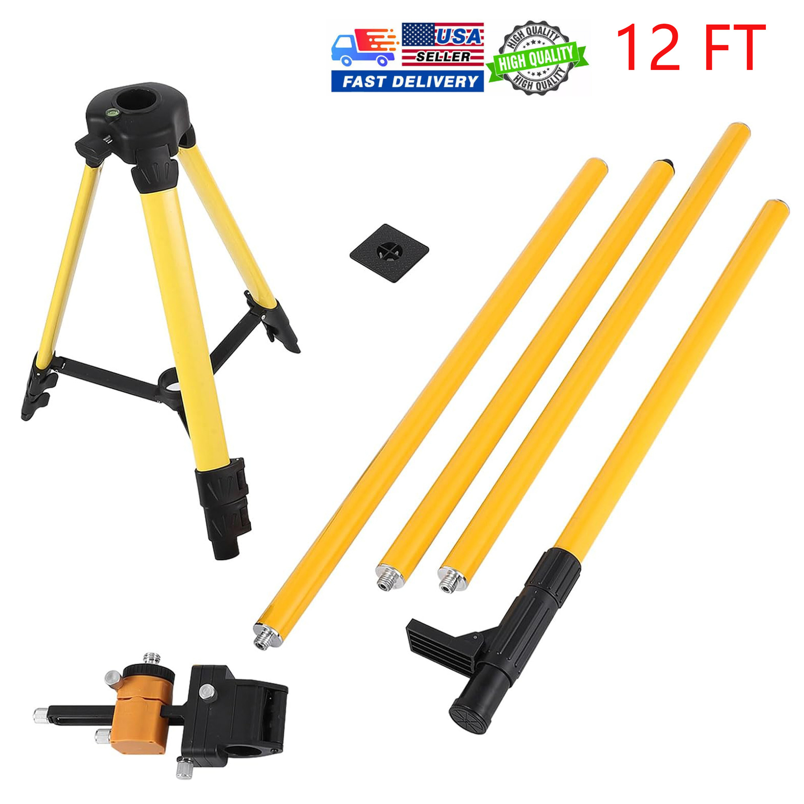 12FT Telescoping Level Pole Adjustable With Retractable Tripod & Thread Adapter