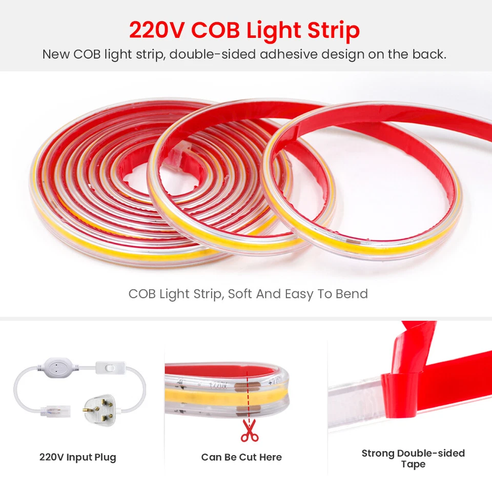 Neon COB LED Strip Light Waterproof 220V UK Plug Flexible Tape Lamp High Density - Image 3 of 4