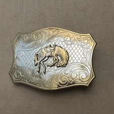 Vintage Bucking Bronco Metal Western Cowboy Belt Buckle Rectangular Brass