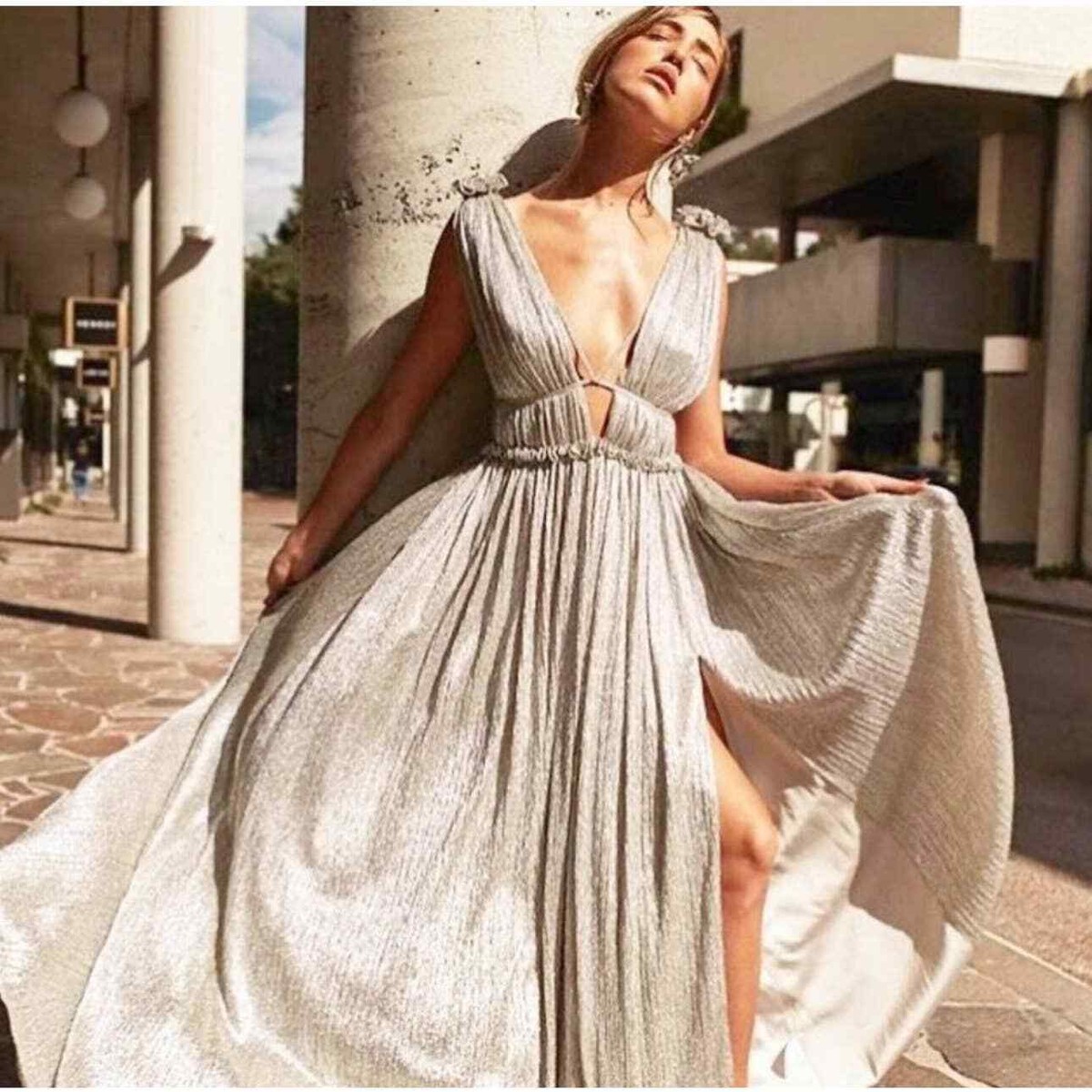 jonathan simkhai plisse lame maxi dress Jonathan Simkhai Adele Metallic Plisse Pleated Long Sleeve Gown Slit Maxi Dress