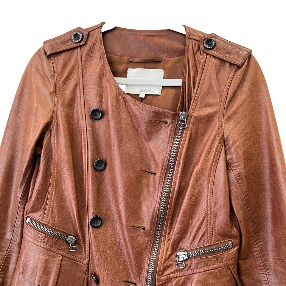 Phillip Lim Jacket Size 4 Brown Ruffle Hem Leather Asymmetrical Zip Moto Biker - Image 3 of 4