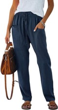 Women's Casual Drawstring Elastic Waist Pants Loose Fit Pocket Trousers Blue XL