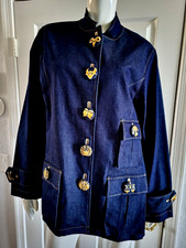 Bob Mackie Zodiac Dark Denim Jacket Large Gold Embroidered Button Down Fabulous!