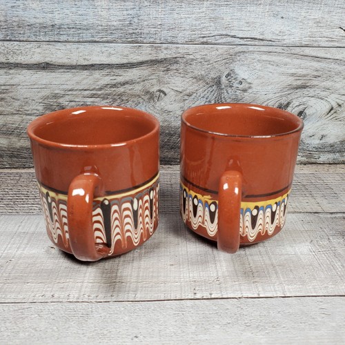 2 Vintage Retro Folk Art Drip Pottery Brown Yellow Blue Black Mugs -Glazed MCM - Picture 4 of 11