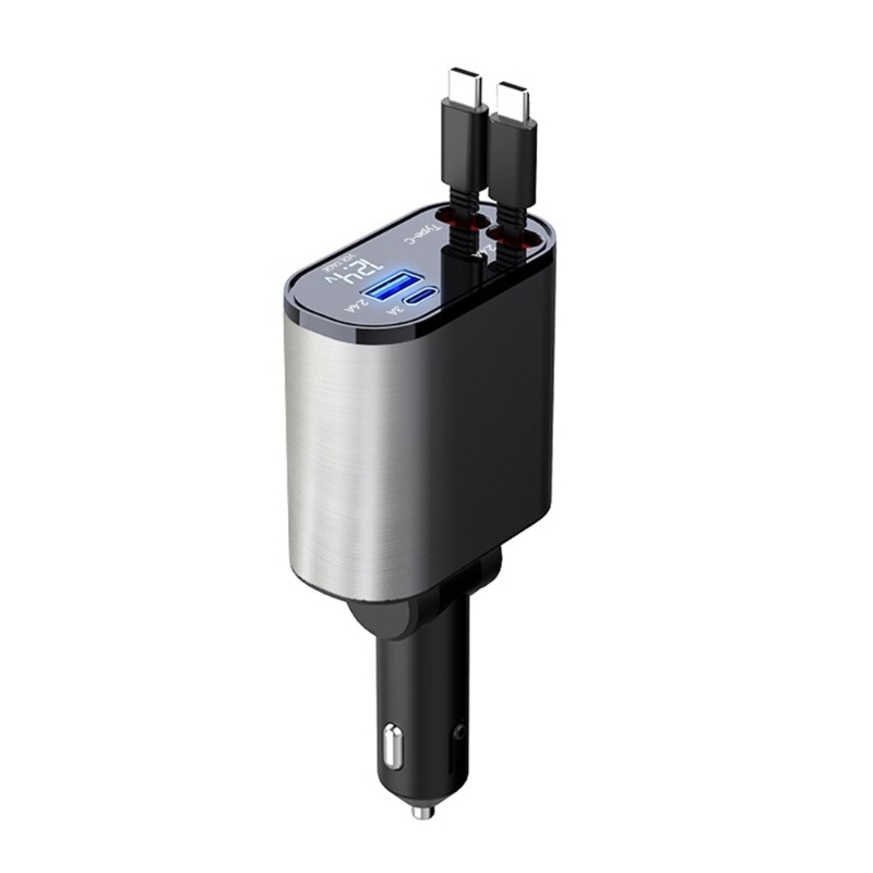 2 USB C Ports Car Adapter Fast Charging with Retractable Cable