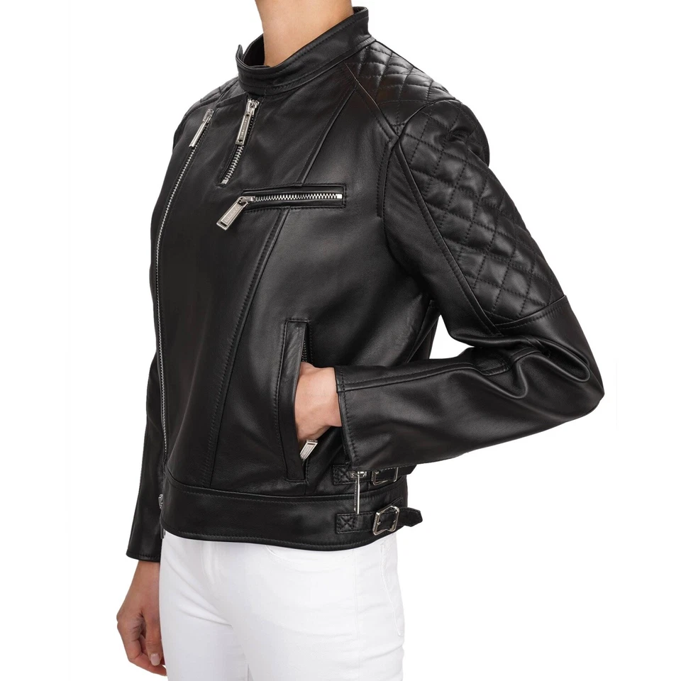 DSQUARED2 Quilted Biker Leather Jacket Black Silver 46 M L 07147 - Image 3 of 4