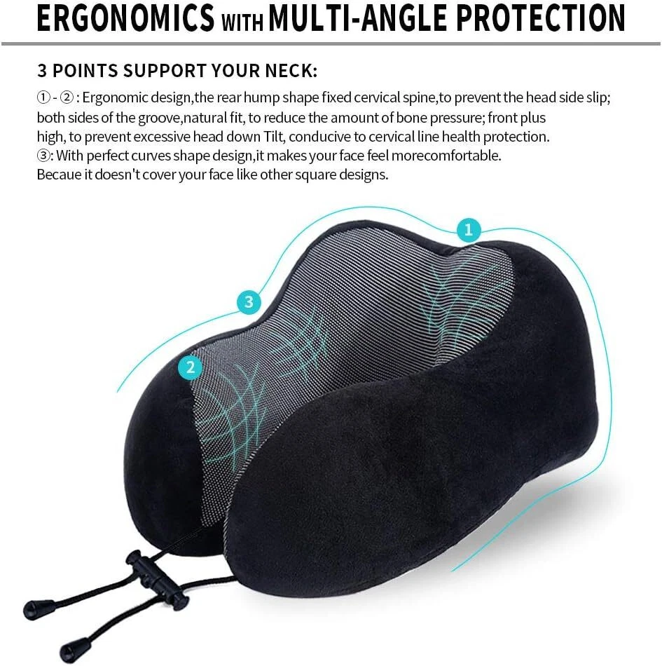Travel Pillow, Best Memory Foam Neck Pillow Head Support Soft Black