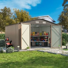 10' x 8' Metal Storage Shed for Steel Yard Shed with Lockable Doors, Brown
