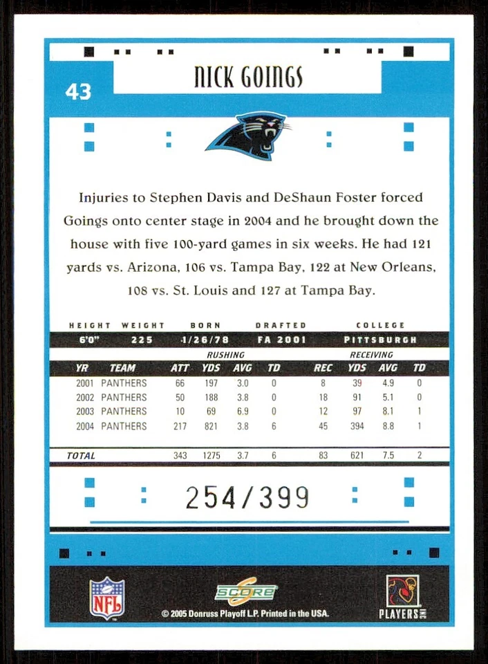 2005 Score Adrenaline #43 Nick Goings /399 - Image 2 of 2