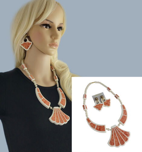 Vintage 1980s Coral Color Shell Acrylic Fan Collar Necklace Earrings Set - Picture 1 of 24