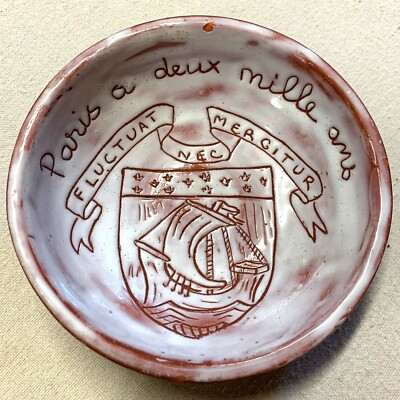 Fluctuat Nec Mergitur Signed Art Paris France Terracotta Clay Pottery Dish Vtg