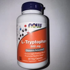 NOW Supplements, L-Tryptophan 500 mg, Supports Relaxation 60 Veg Capsules 4/2025