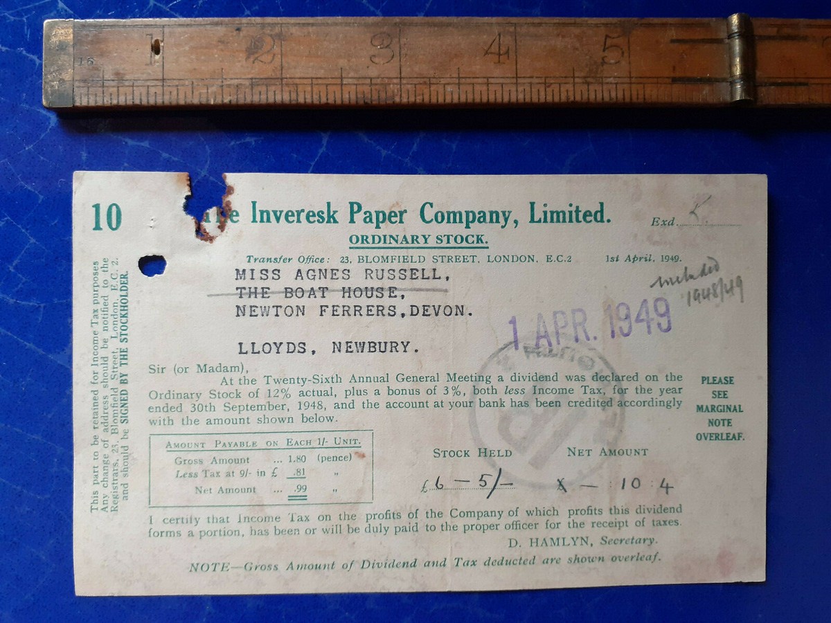 1949 letterhead Inveresk Paper Compny dividend note Agnes Russell | eBay UK