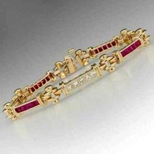 6CT Princess Cut Simulated Red Ruby/Diamond Tennis Bracelet 14K Yellow Gold Over