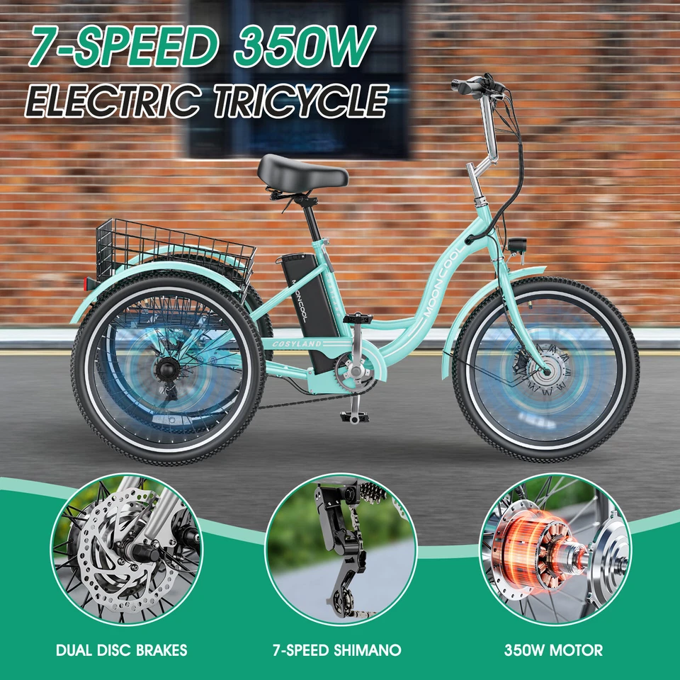 Triciclo Eléctrico para Adultos,350W 36V,7 Velocidades 3 Ruedas 24"/26"" con Cesta Grande Foto 2 de 4