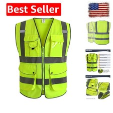 9 Pockets Class 2 High Visibility Zipper Front Safety Vest With Reflective St...