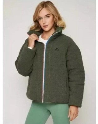 Fourlaps Unisex Reversible Polar Quilted Sherpa Jacket Green Beige M Medium Coat