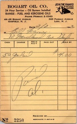 Bogart Oil Co Range Fuel Kerosene Oils 1942 Garfield NJ Letterhead Billhead TB7