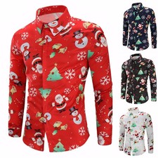 Mens Christmas Santa Claus Shirts Slim Long Sleeve Xmas Party Novelty Fancy Tops